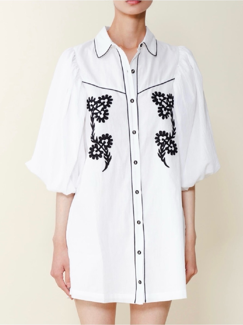 Du Paradis White Button-Down Dress Shirt with Black Floral Embroidery